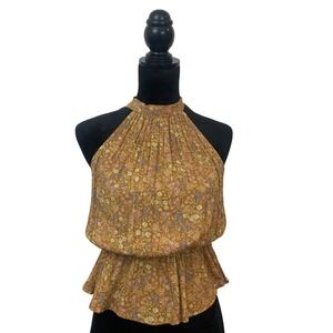 Japna Floral Halter Peplum Womens S Top Mustard Yellow Smocked Tie Back